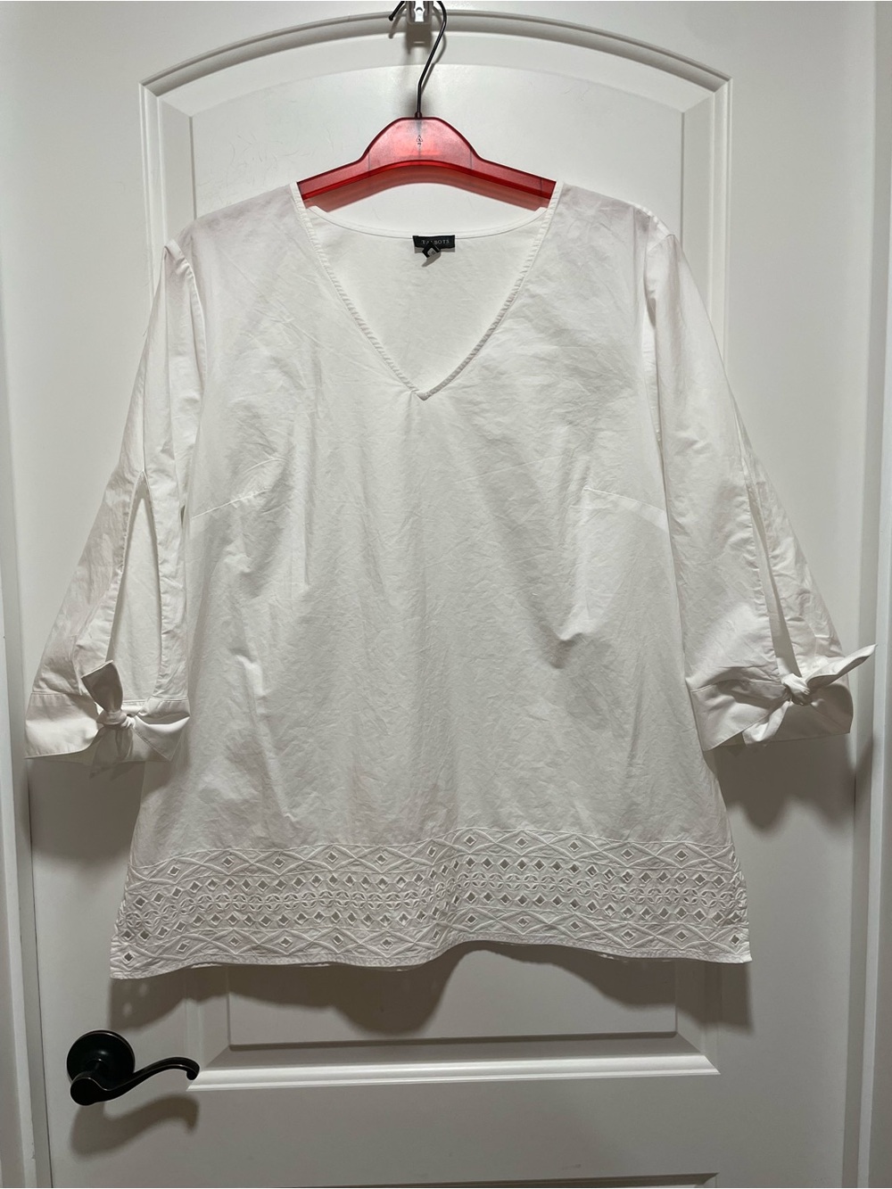 Talbots Boho Chic White V-Neck Eyelet Hem 3/4 Tie Sleeve 100% Cotton Sz XL